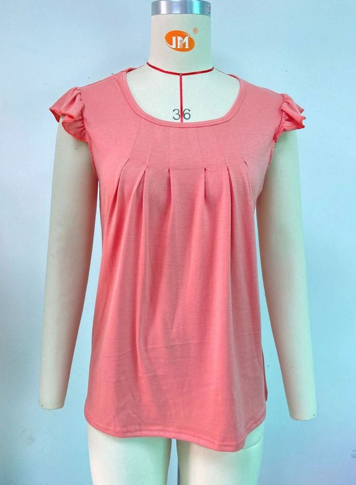 Women's Loose-Fit Ruffle-Sleeve Pleated Scoop-Neck Blouse Top