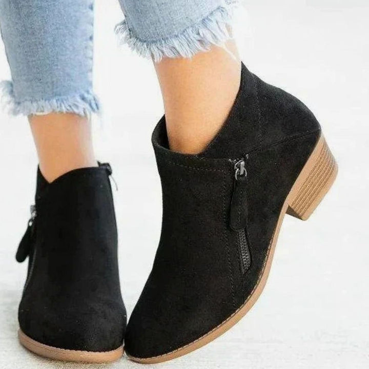 Women's Low Block Heel Side-Zip Ankle Boots - Black