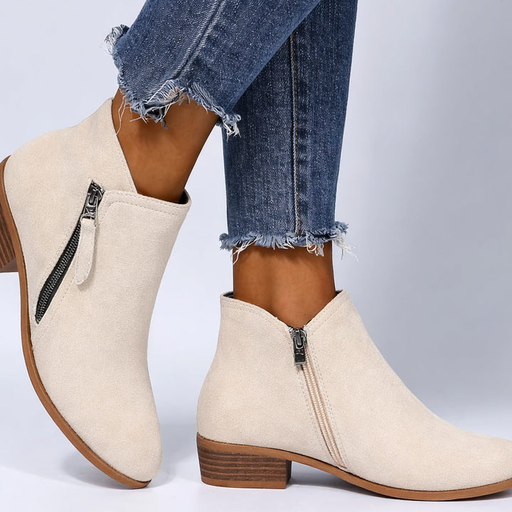 Women's Low Block Heel Side-Zip Ankle Boots - Beige