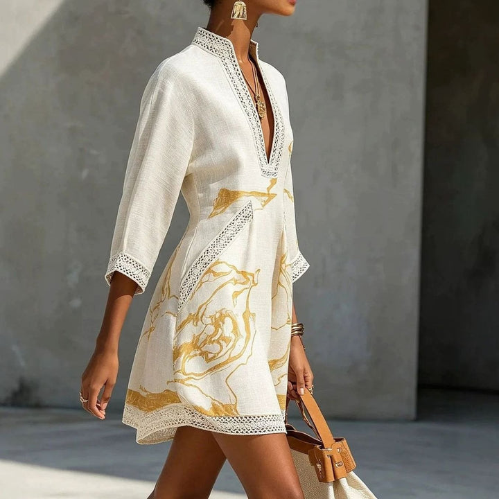 Women's Marble-Print Lace-Trim V-Neck Mini Dress