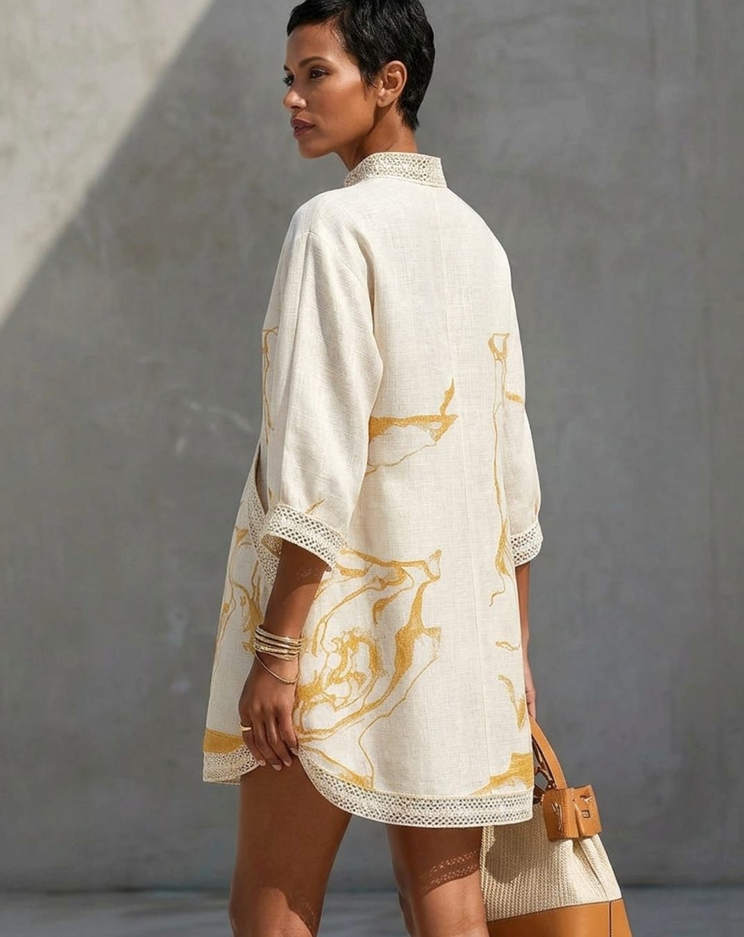 Women's Marble-Print Lace-Trim V-Neck Mini Dress