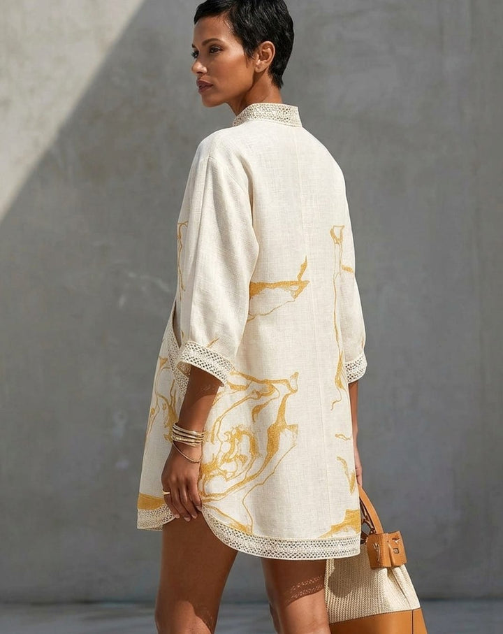 Women's Marble-Print Lace-Trim V-Neck Mini Dress