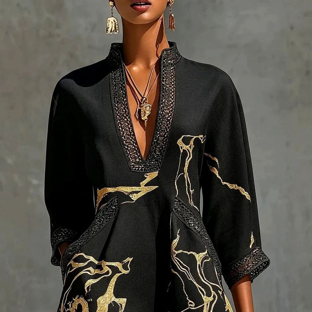 Women's Marble-Print Lace-Trim V-Neck Mini Dress - Black