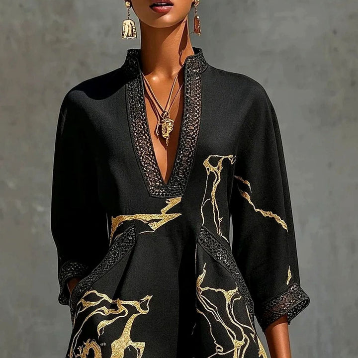Women's Marble-Print Lace-Trim V-Neck Mini Dress - Black