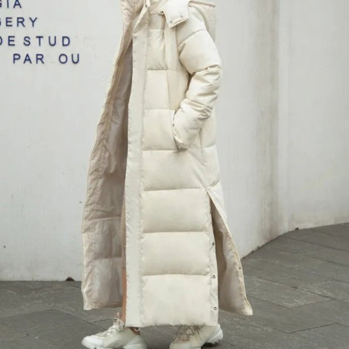 Women's Maxi Quilted Puffer Coat Hooded Zip-Up Winter Jacket - Beige