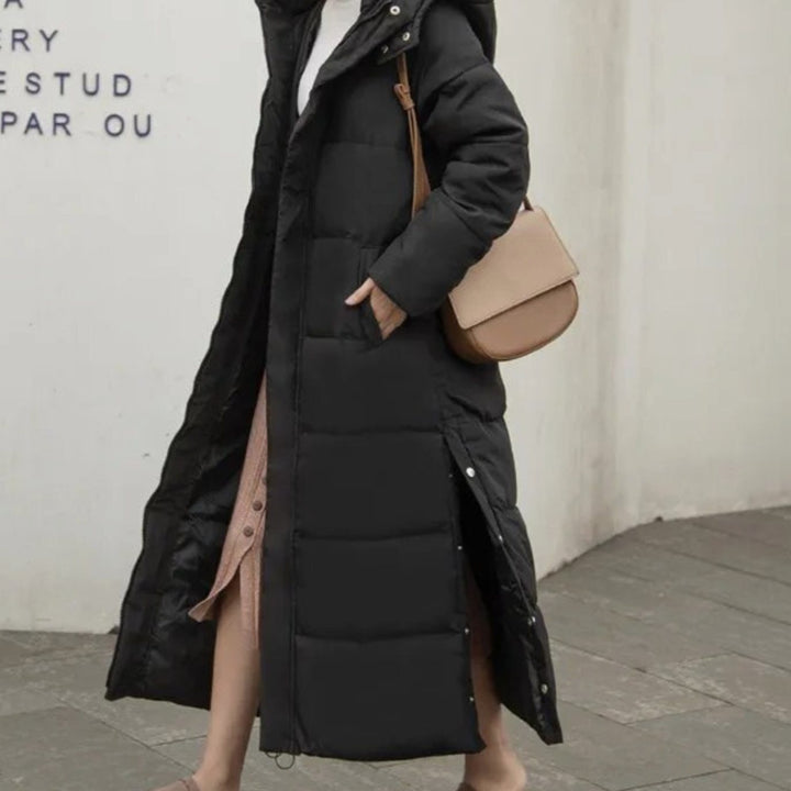 Women's Maxi Quilted Puffer Coat Hooded Zip-Up Winter Jacket - Black