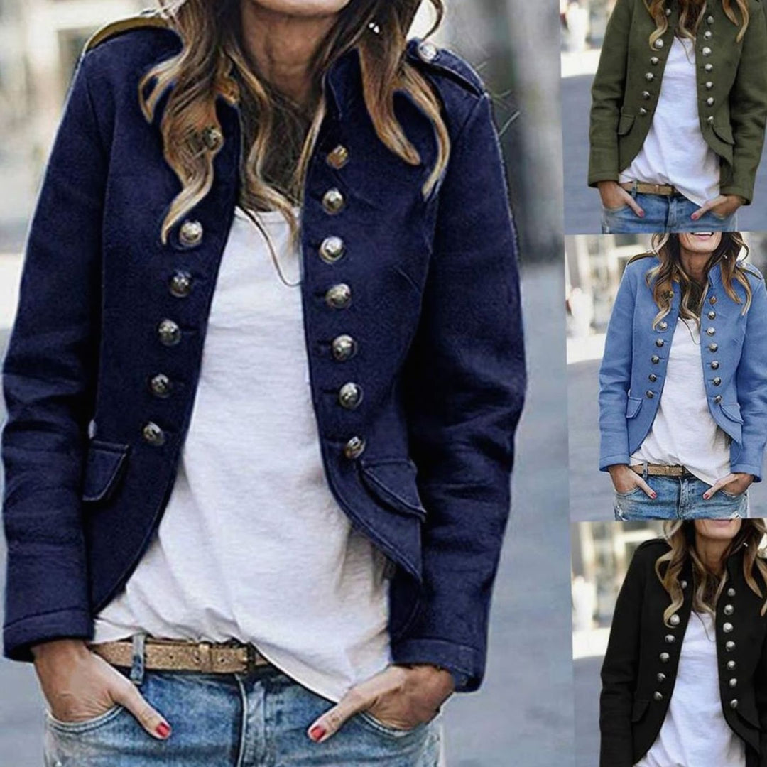 Women's Military Double-Breasted Stand-Collar Cropped Blazer