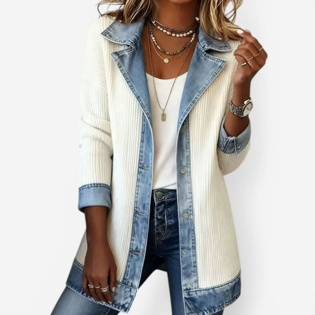Women's Mixed-Texture Denim Knit Panel Open-Front Jacket - White