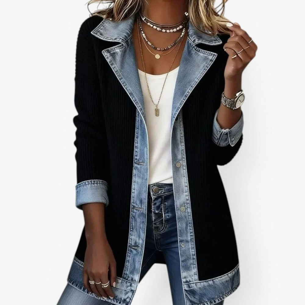 Women's Mixed-Texture Denim Knit Panel Open-Front Jacket - Black