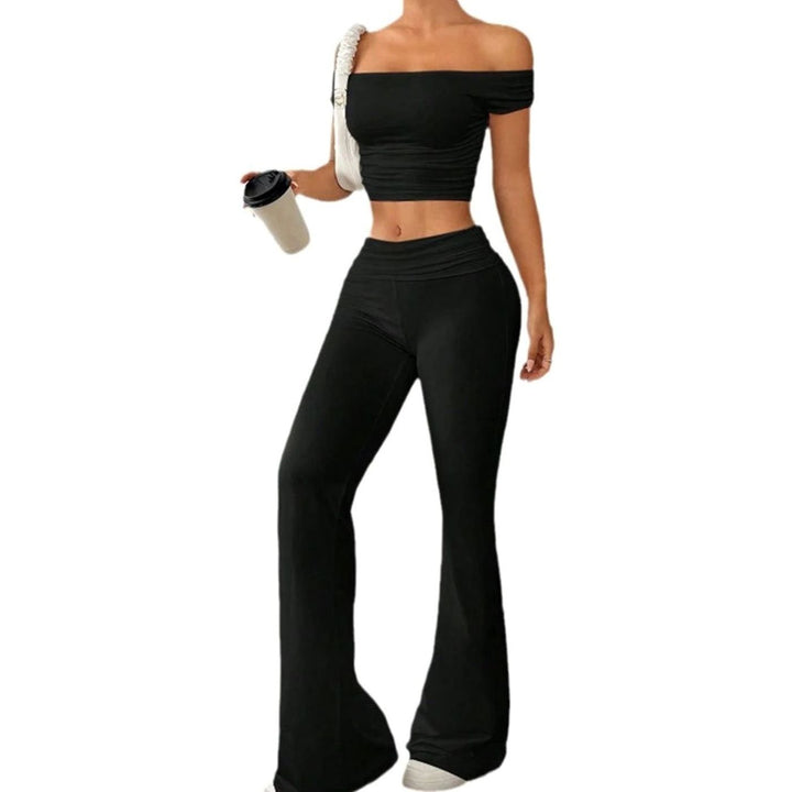 Women's Off-Shoulder Cropped Top Flared Trousers Two-Piece Set
