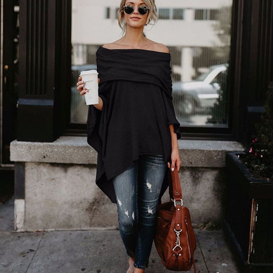 Women's Off-Shoulder Oversized Long-Sleeve Asymmetric Top - Black