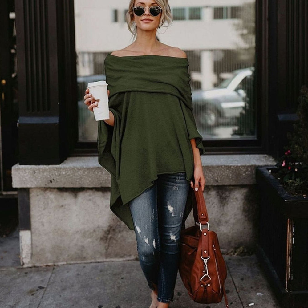 Women's Off-Shoulder Oversized Long-Sleeve Asymmetric Top - Green