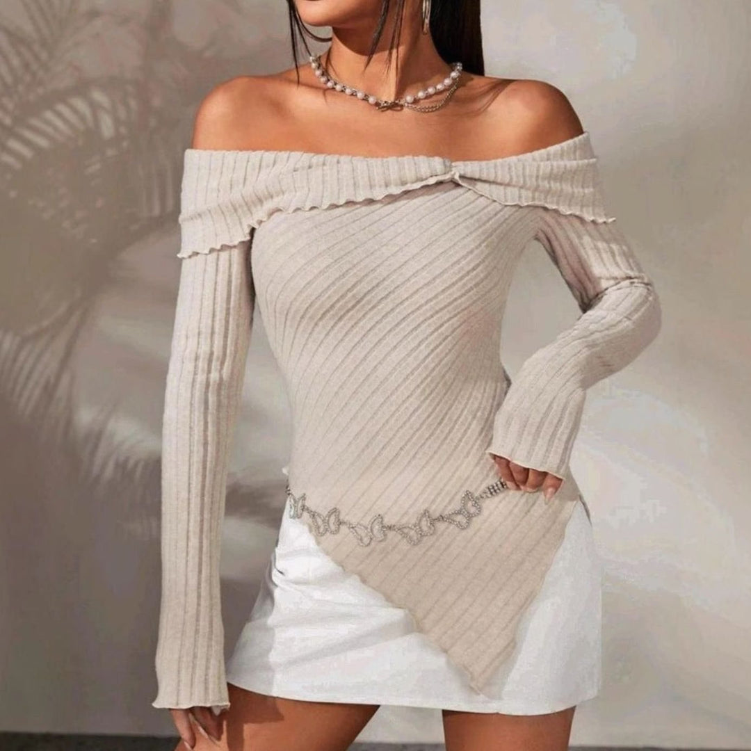 Women's Off-Shoulder Ribbed Knit Asymmetric Hem Long-Sleeve Top