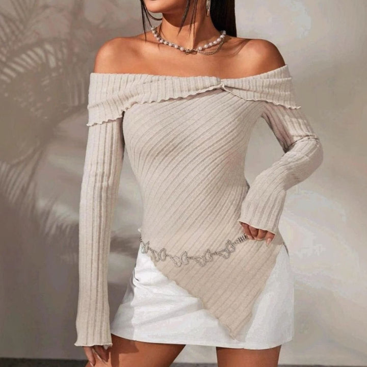 Women's Off-Shoulder Ribbed Knit Asymmetric Hem Long-Sleeve Top