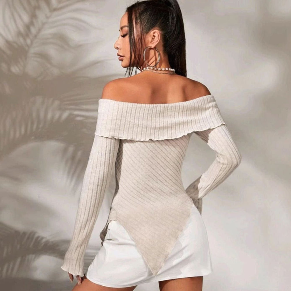 Women's Off-Shoulder Ribbed Knit Asymmetric Hem Long-Sleeve Top