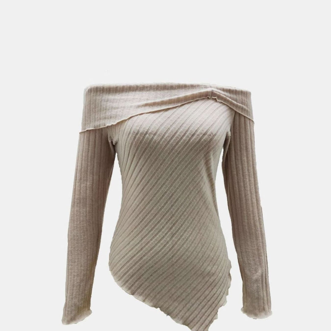 Women's Off-Shoulder Ribbed Knit Asymmetric Hem Long-Sleeve Top