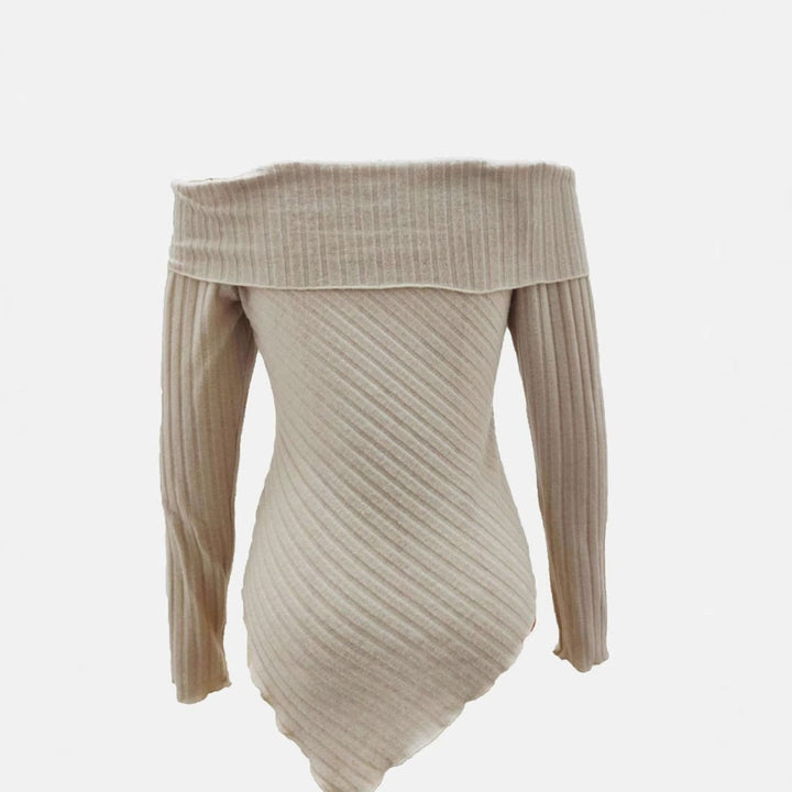Women's Off-Shoulder Ribbed Knit Asymmetric Hem Long-Sleeve Top