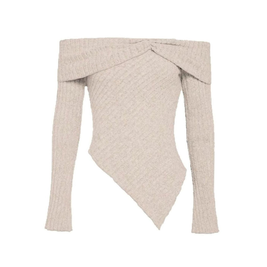 Women's Off-Shoulder Ribbed Knit Asymmetric Hem Long-Sleeve Top