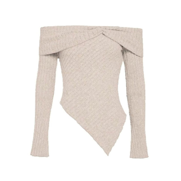 Women's Off-Shoulder Ribbed Knit Asymmetric Hem Long-Sleeve Top