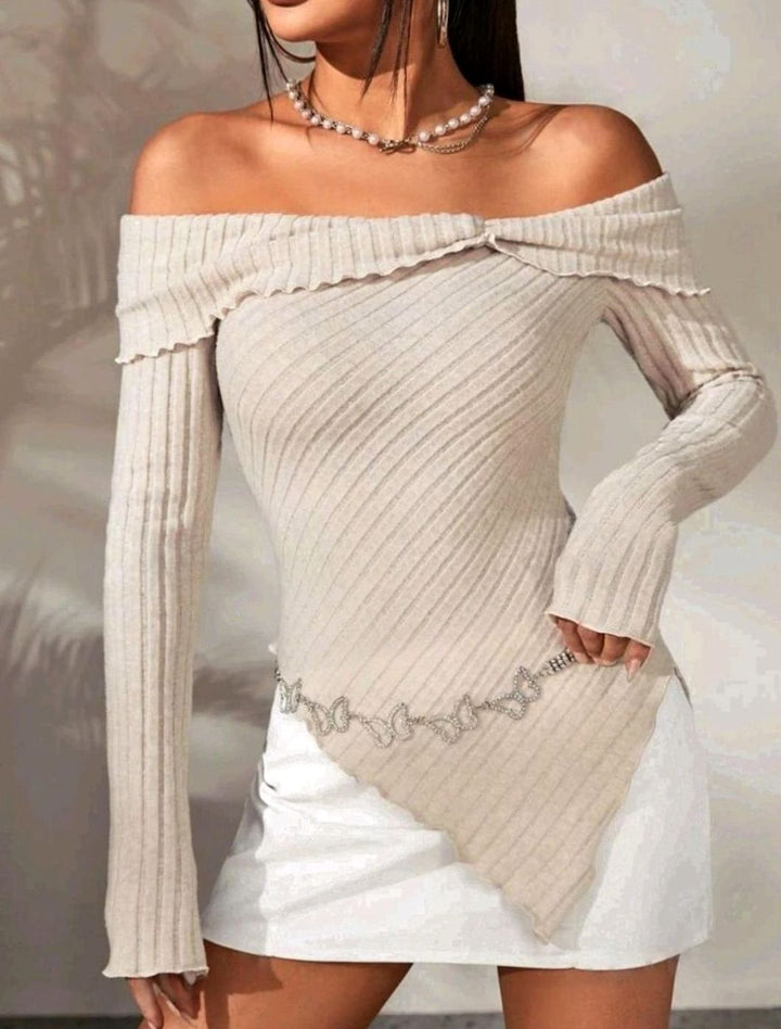 Women's Off-Shoulder Ribbed Knit Asymmetric Hem Long-Sleeve Top - Apricot