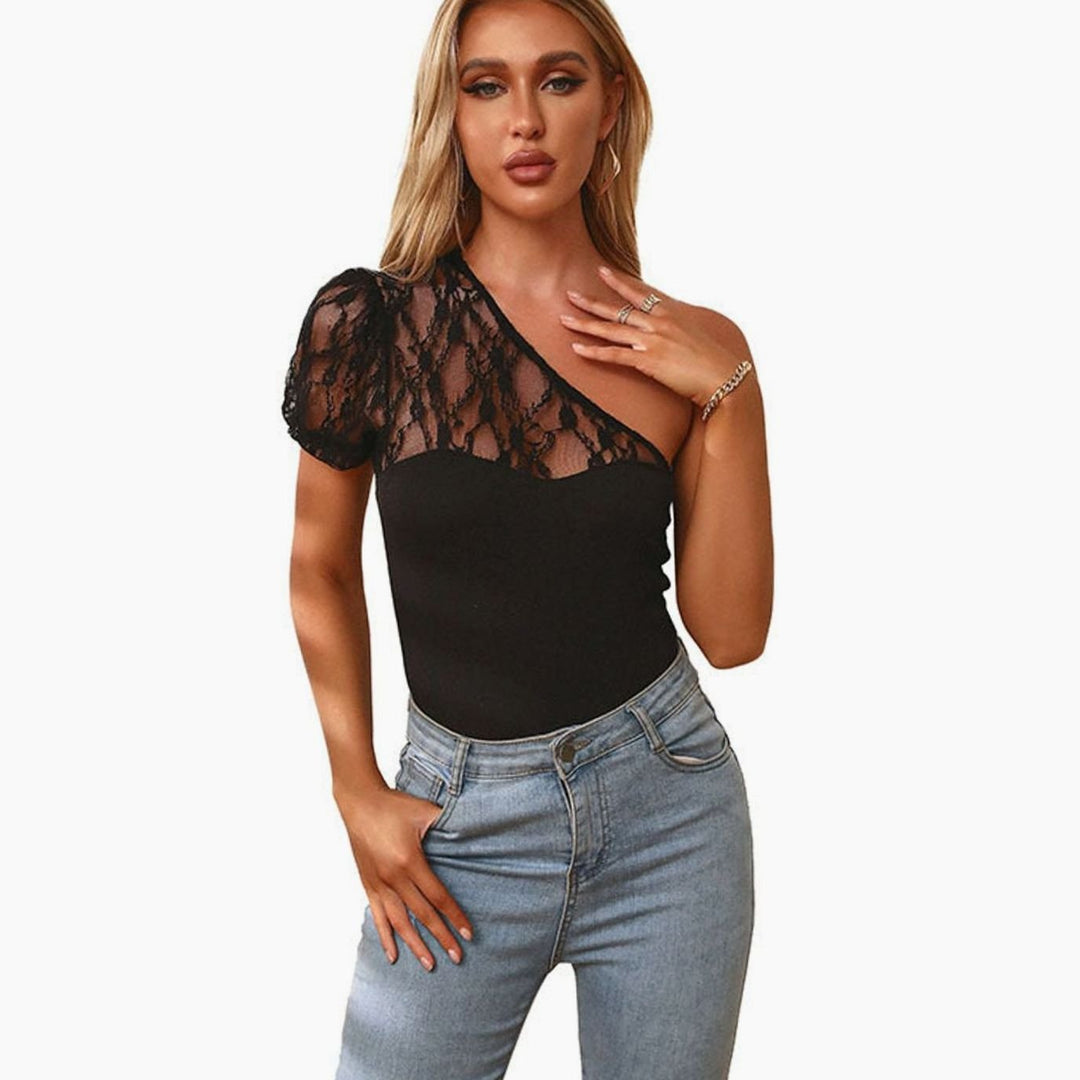 Women's One-Shoulder Lace-Insert Fitted Bodysuit