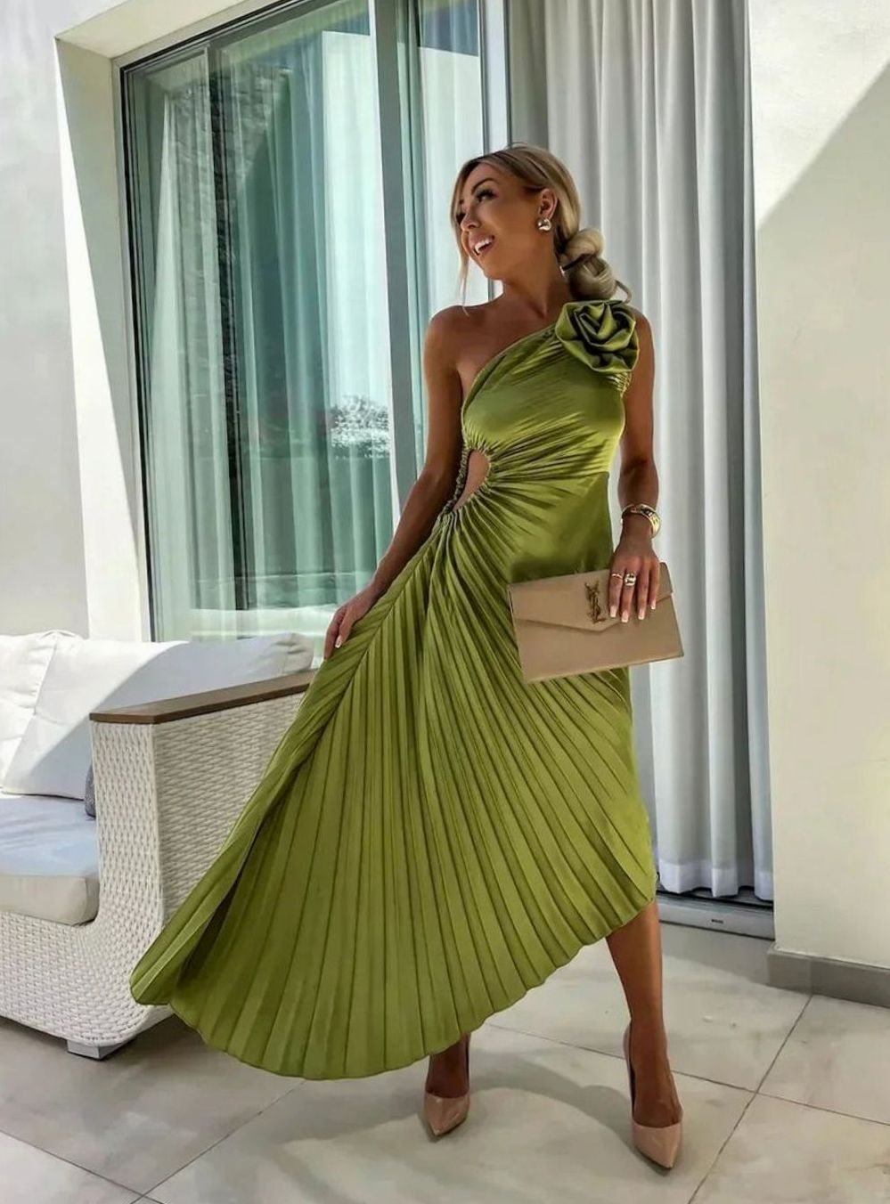 Women's One-Shoulder Pleated Midi Dress Rose Cut-Out Detail