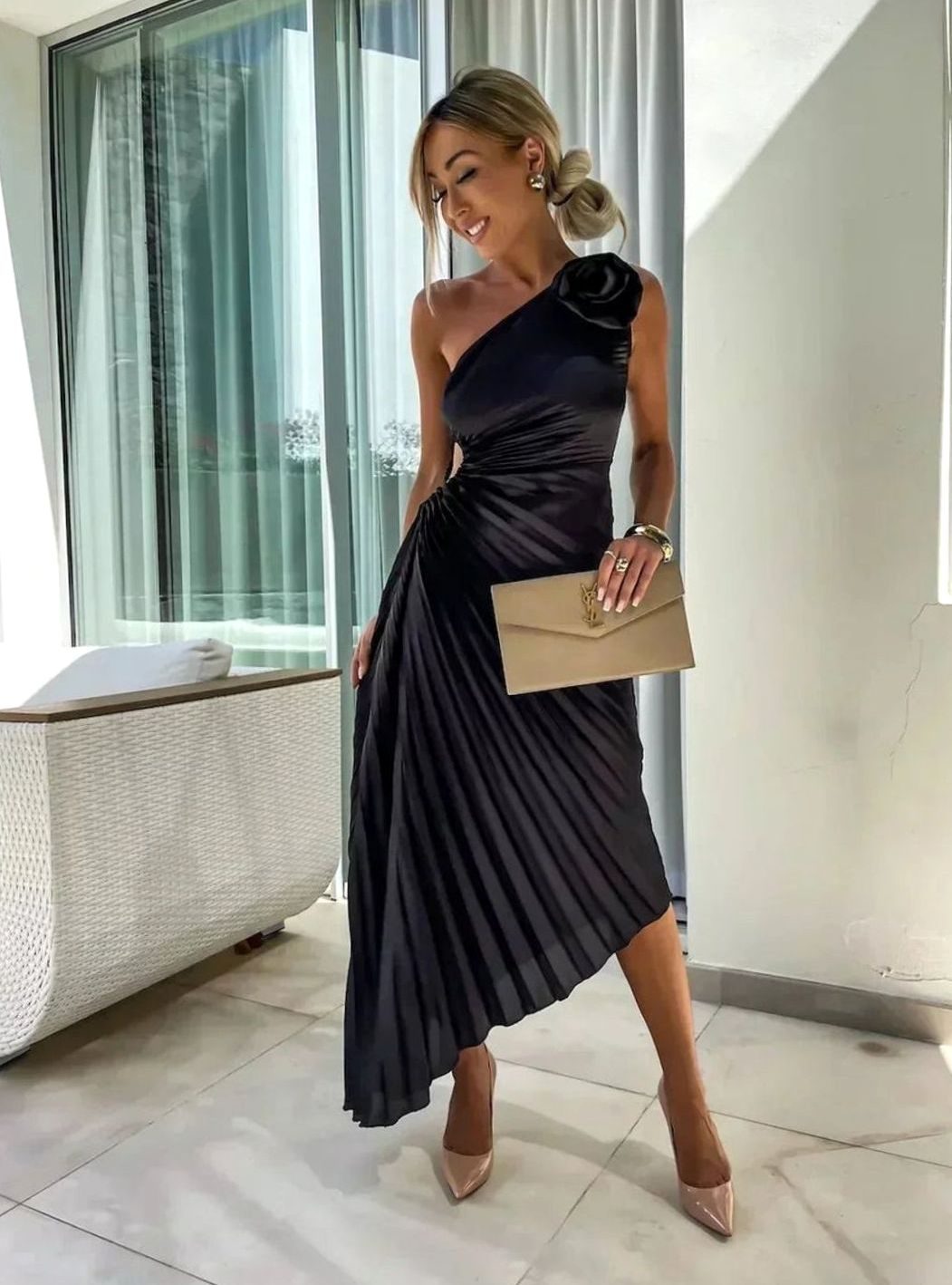 Women's One-Shoulder Pleated Midi Dress Rose Cut-Out Detail