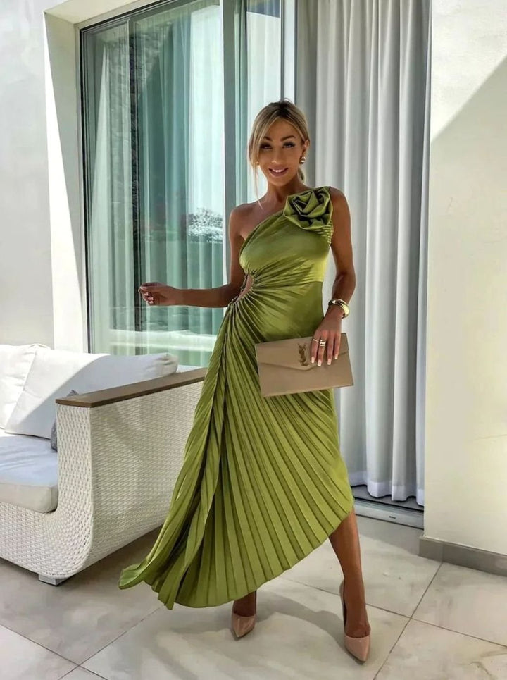 Women's One-Shoulder Pleated Midi Dress Rose Cut-Out Detail