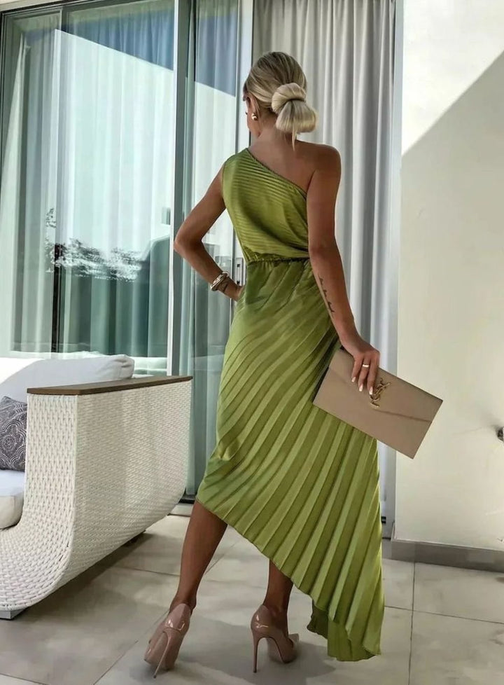 Women's One-Shoulder Pleated Midi Dress Rose Cut-Out Detail