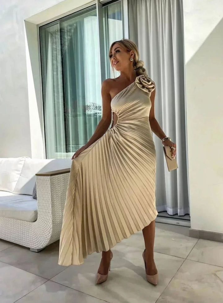 Women's One-Shoulder Pleated Midi Dress Rose Cut-Out Detail