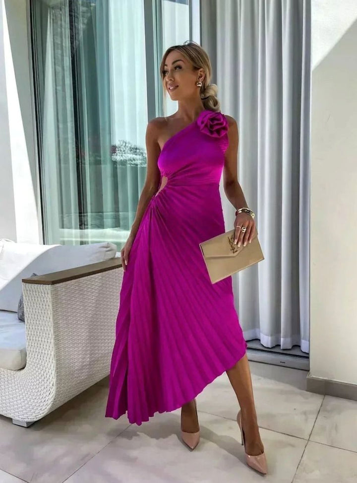 Women's One-Shoulder Pleated Midi Dress Rose Cut-Out Detail