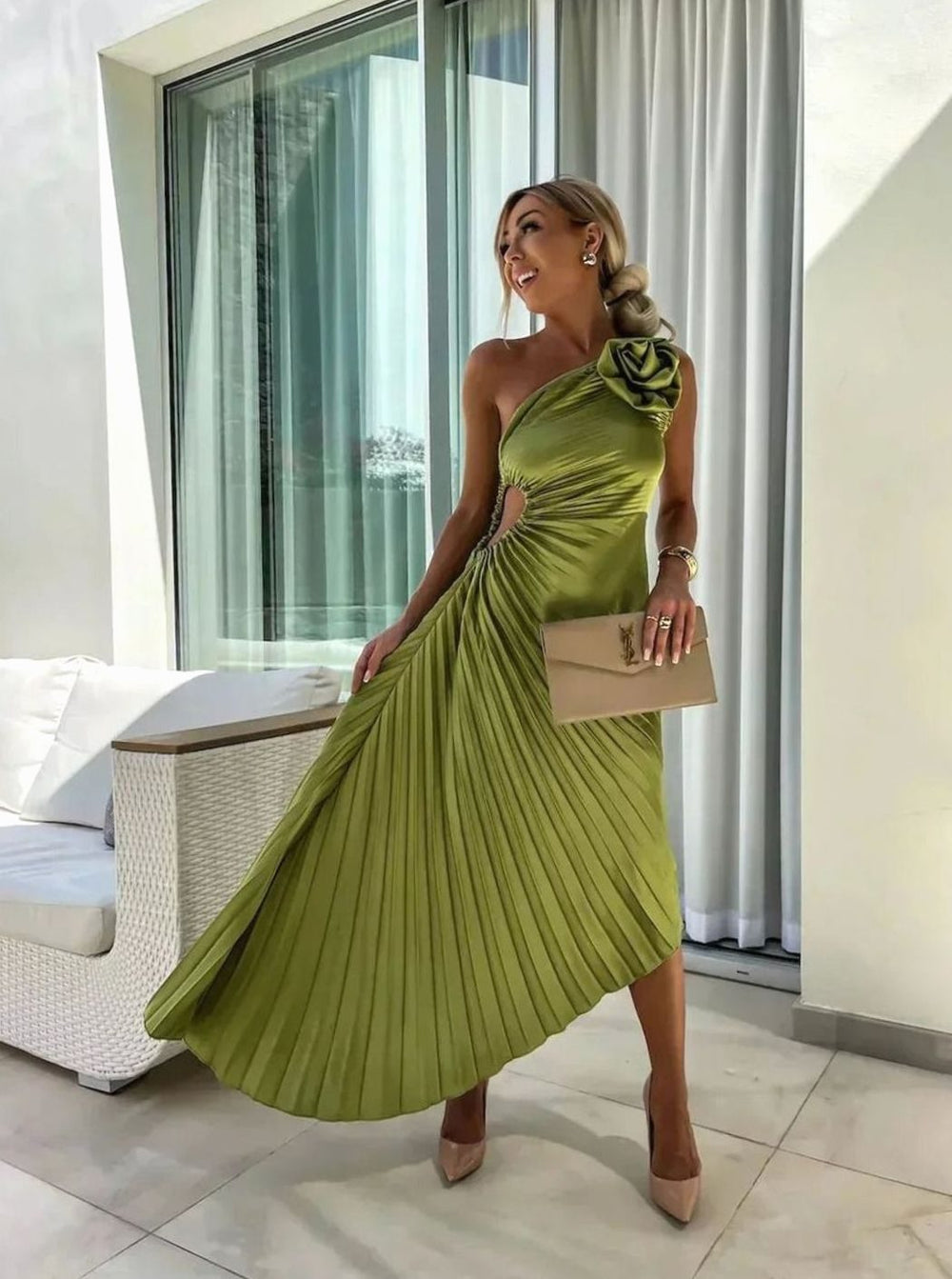 Women's One-Shoulder Pleated Midi Dress Rose Cut-Out Detail, Olive Green