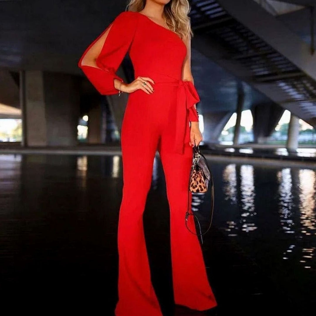 Women's One-Shoulder Split-Sleeve Belted Wide-Leg Jumpsuit