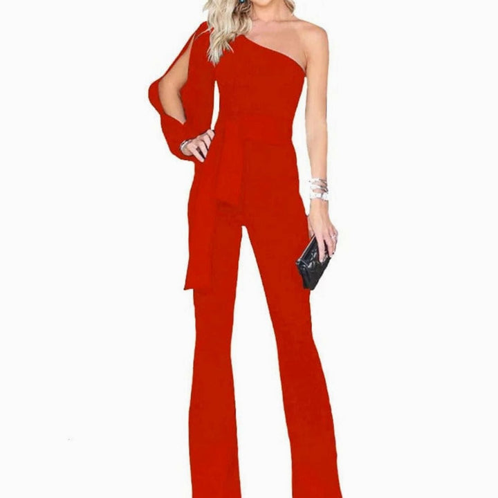 Women's One-Shoulder Split-Sleeve Belted Wide-Leg Jumpsuit - Red