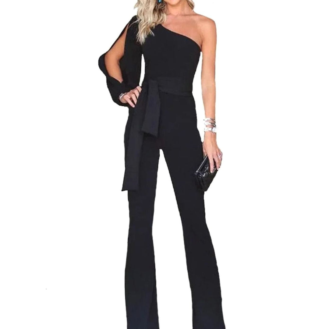 Women's One-Shoulder Split-Sleeve Belted Wide-Leg Jumpsuit - Black