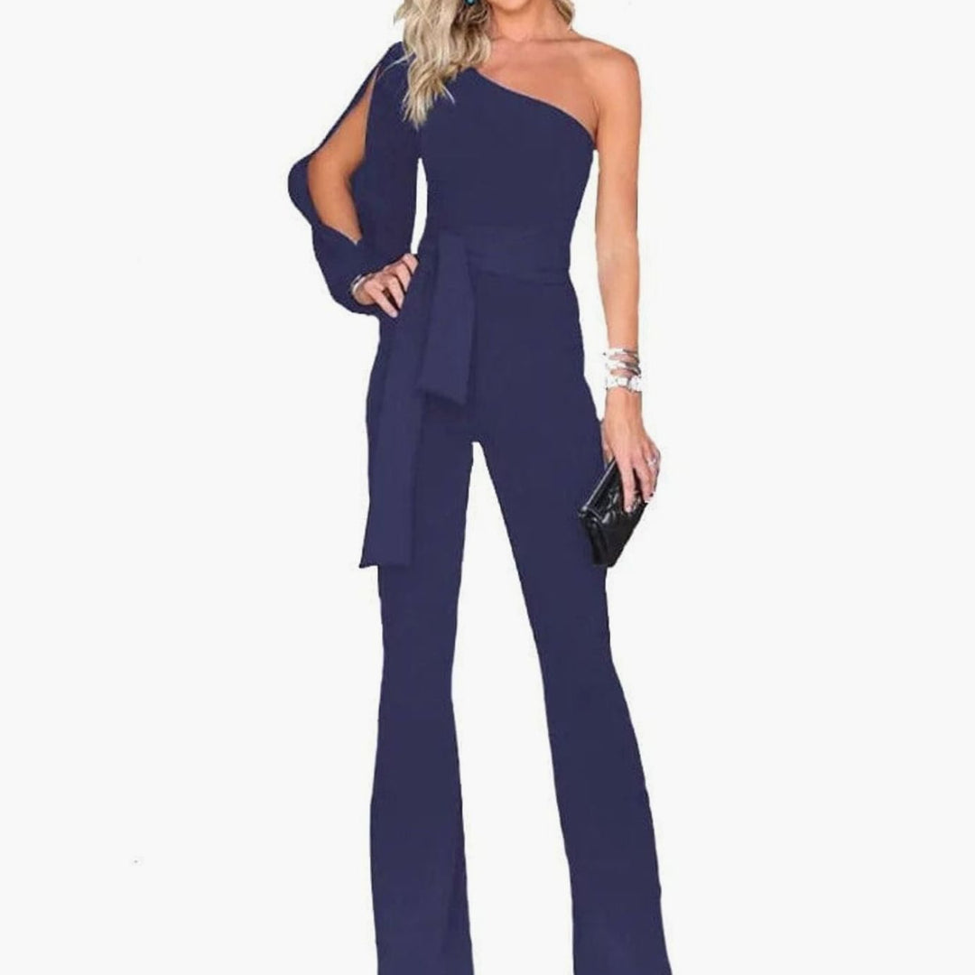 Women's One-Shoulder Split-Sleeve Belted Wide-Leg Jumpsuit - Blue