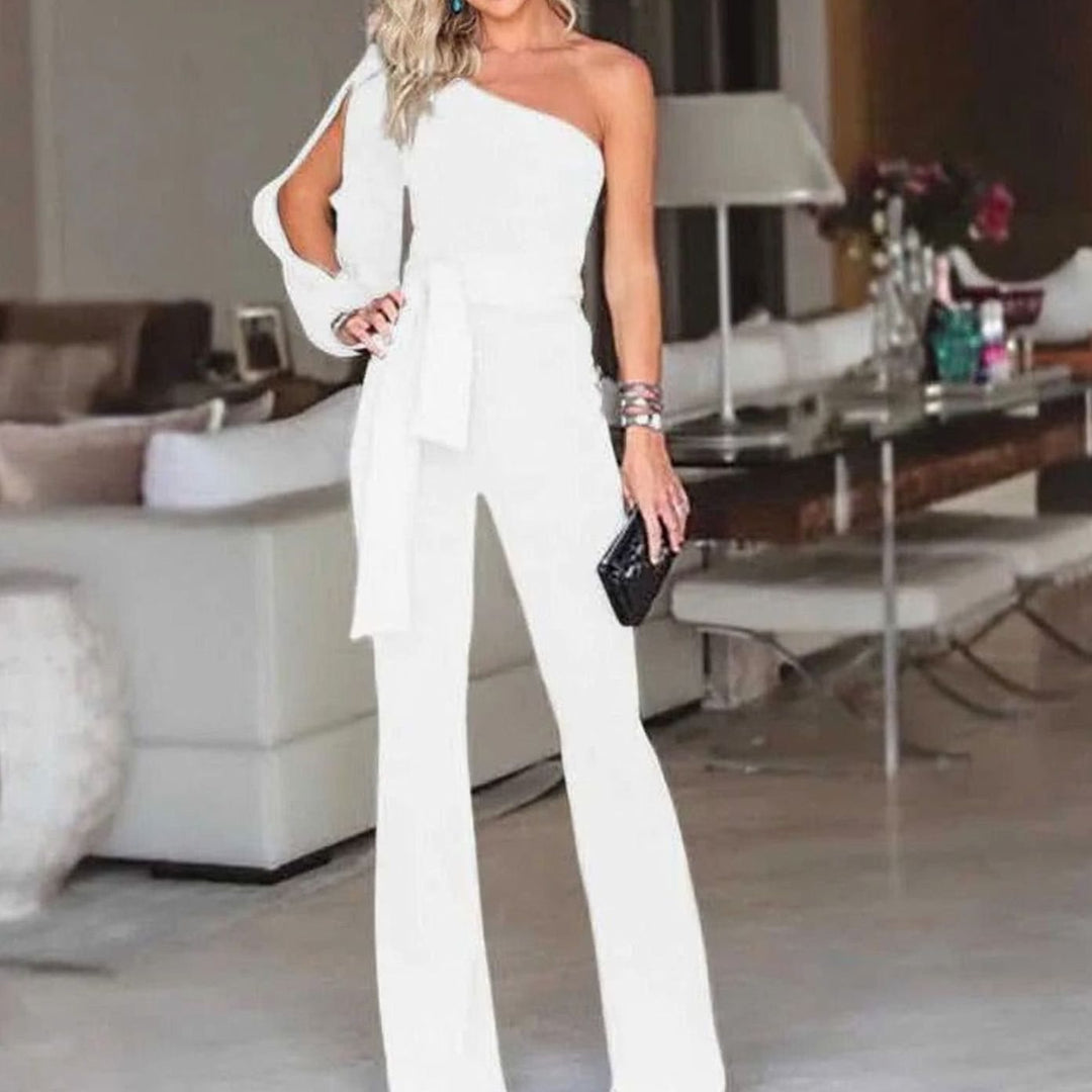 Women's One-Shoulder Split-Sleeve Belted Wide-Leg Jumpsuit - White