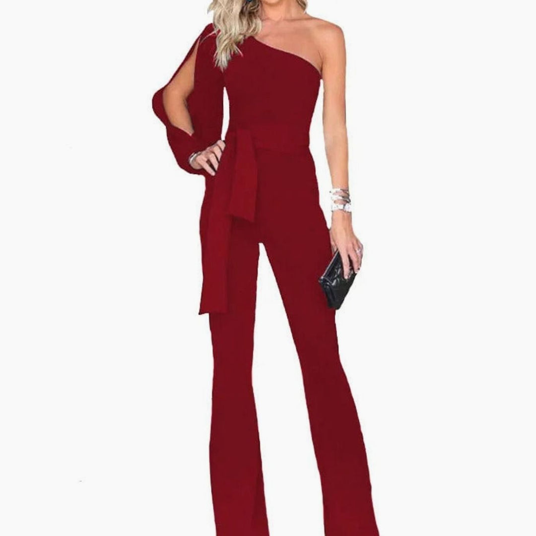 Women's One-Shoulder Split-Sleeve Belted Wide-Leg Jumpsuit - Claret