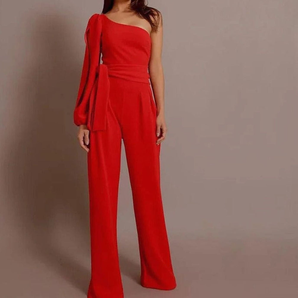 Women's One-Shoulder Split-Sleeve Belted Wide-Leg Jumpsuit