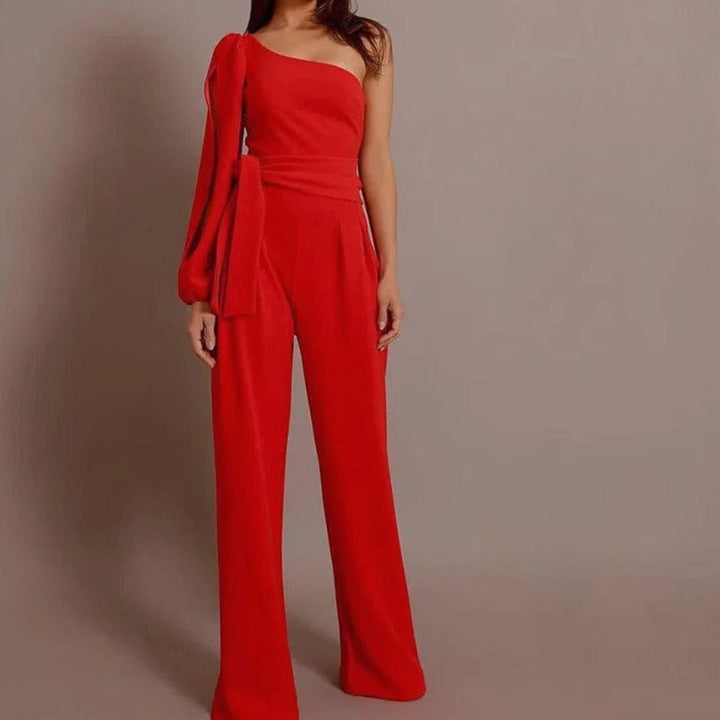 Women's One-Shoulder Split-Sleeve Belted Wide-Leg Jumpsuit