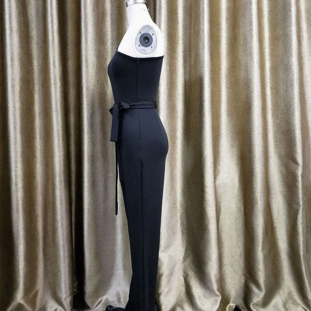 Women's One-Shoulder Split-Sleeve Belted Wide-Leg Jumpsuit