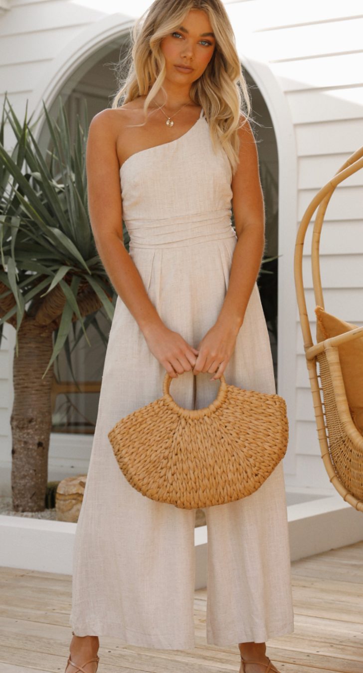 Women's One-Shoulder Wide-Leg Maxi Jumpsuit Pockets