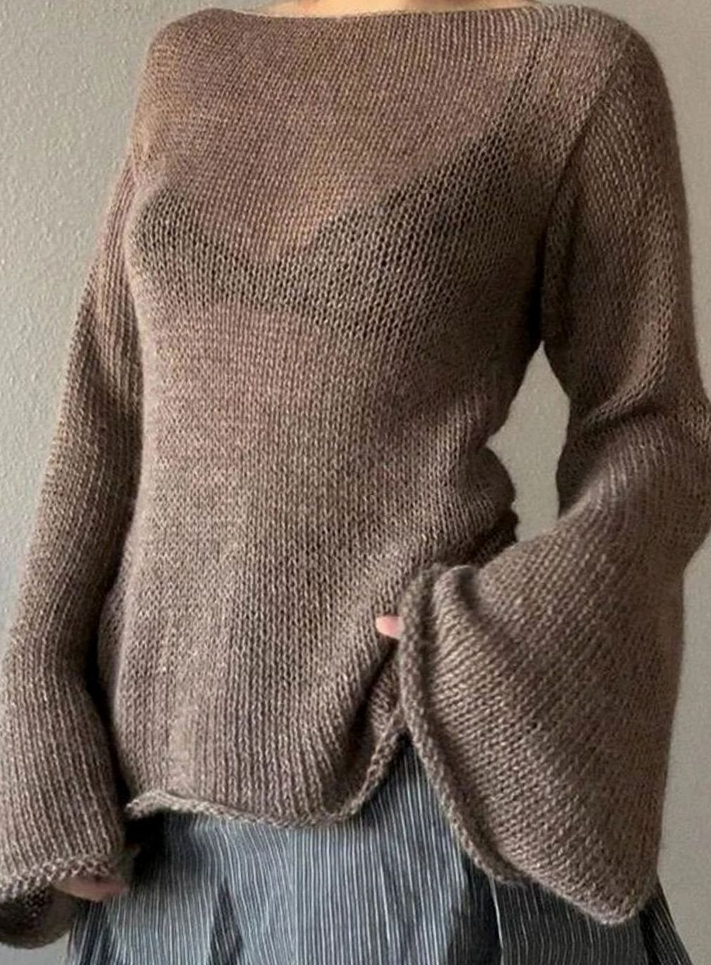 Women's Open-Back Boat-Neck Flared-Cuff Knit Jumper