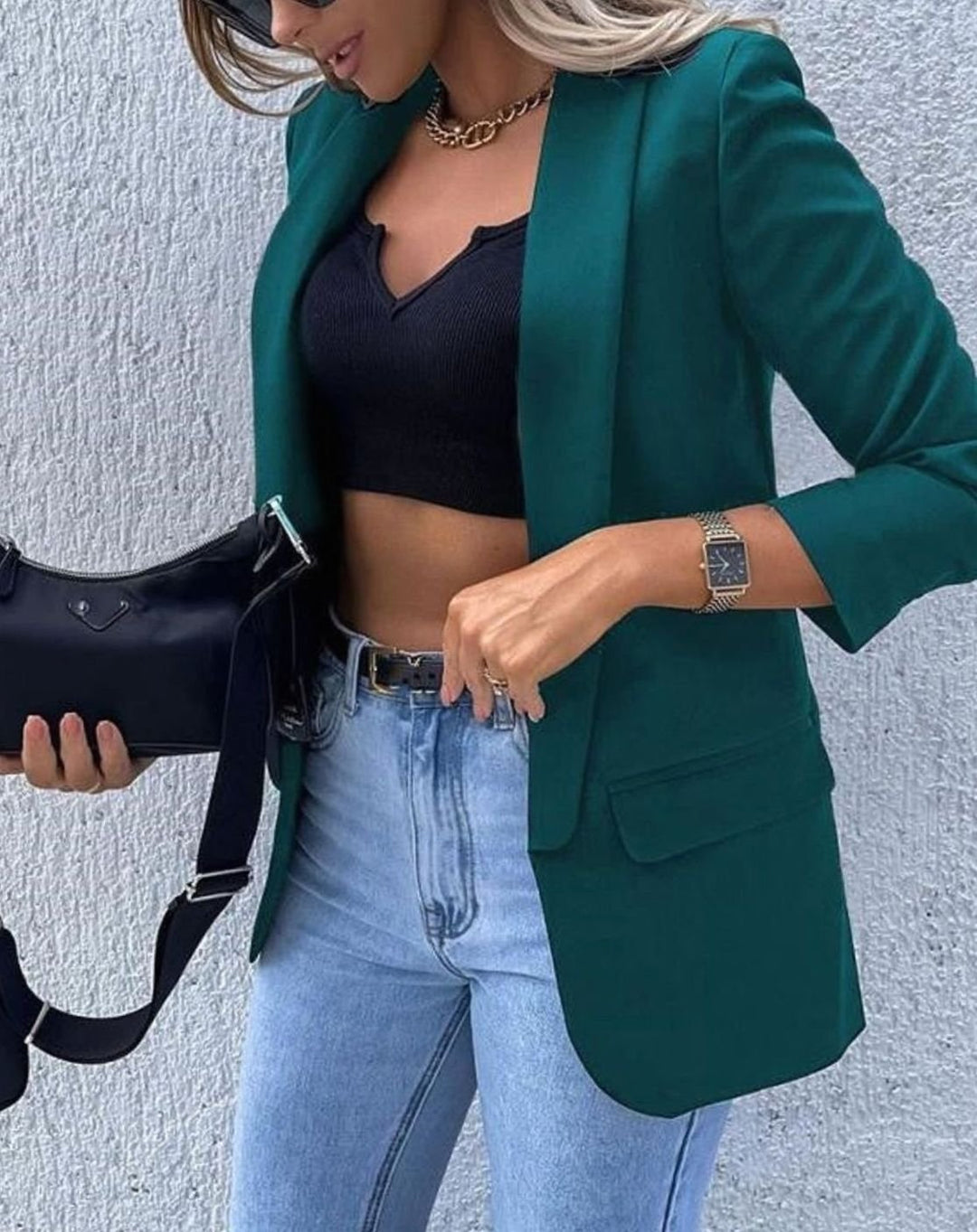 Women's Open-Front Long-Line Office Blazer Jacket - Green