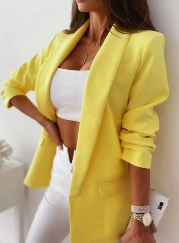 Women's Open-Front Long-Line Office Blazer Jacket - Yellow