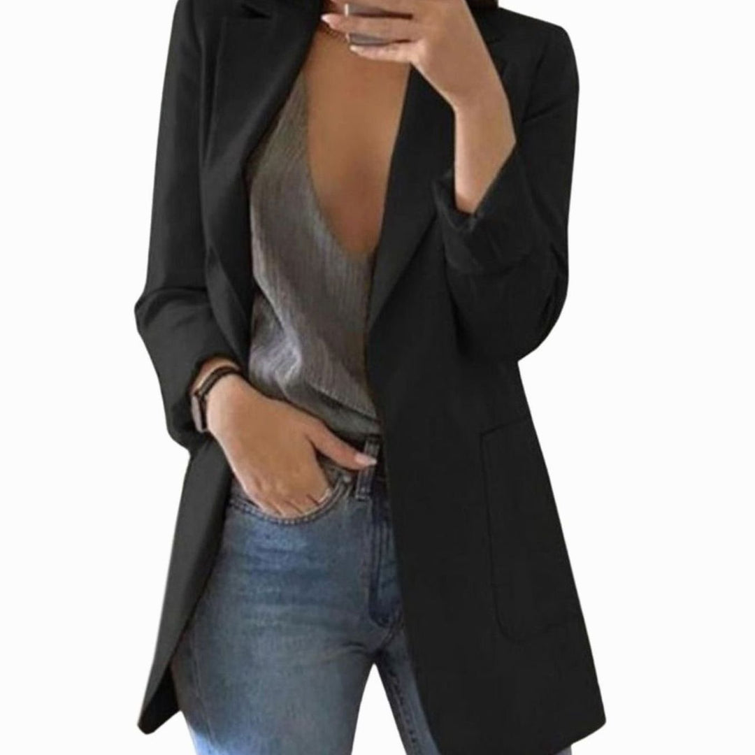 Women's Open-Front Long-Sleeve Polyester Blazer Jacket - Black
