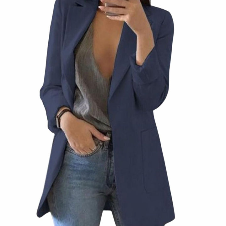 Women's Open-Front Long-Sleeve Polyester Blazer Jacket - Navy Blue
