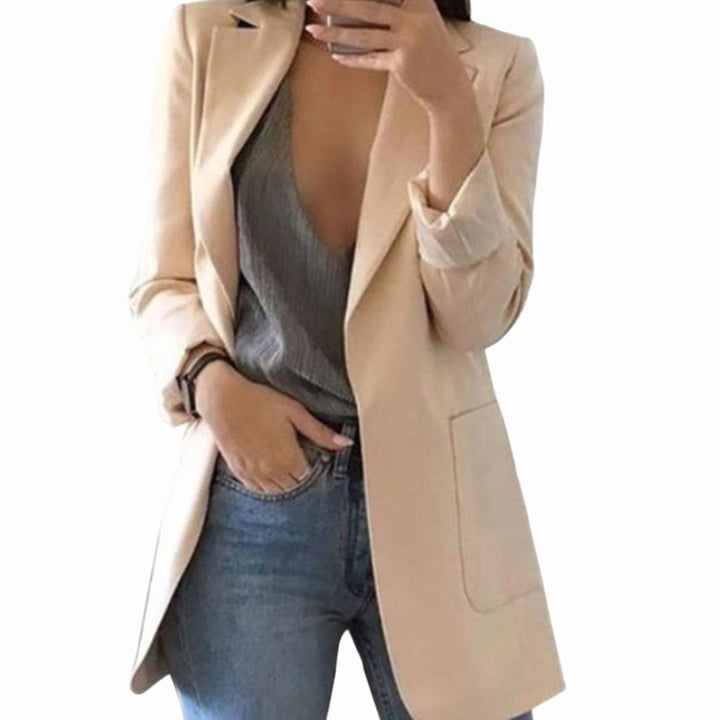 Women's Open-Front Long-Sleeve Polyester Blazer Jacket - Apricot