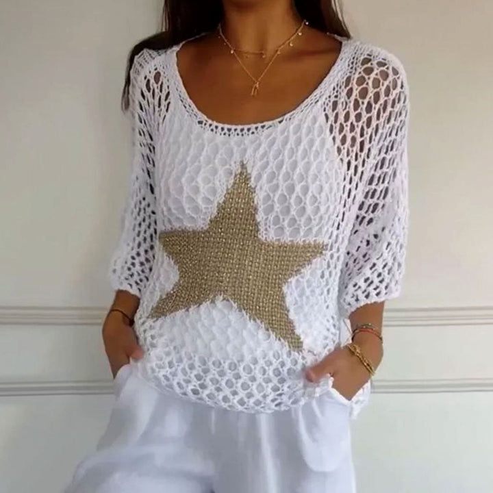 Women's Open-Knit Oversized Scoop-Neck Crochet Top - White