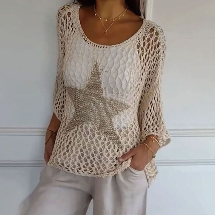 Women's Open-Knit Oversized Scoop-Neck Crochet Top - Apricot